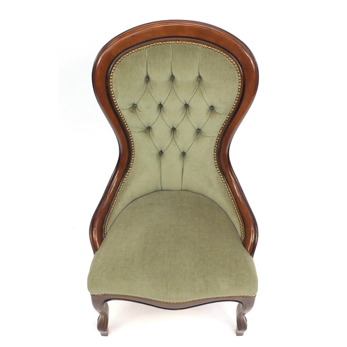 28 - Reproduction mahogany framed bedroom chair with green button back upholstery