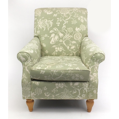 63 - Two seater settee and armchair with green fruit upholstery