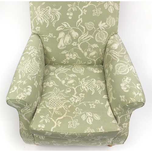 63 - Two seater settee and armchair with green fruit upholstery