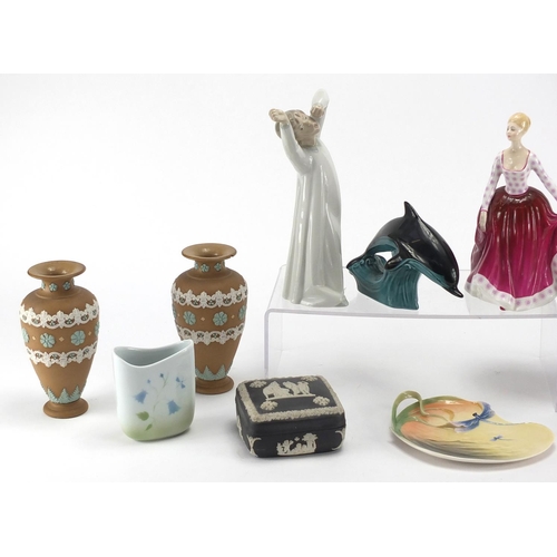 663 - Collectable china including Royal Doulton vases, Goebel cat, Lladro figure and a Poole dolphin