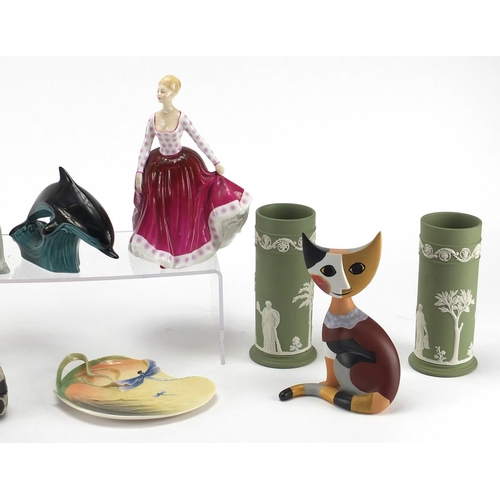 663 - Collectable china including Royal Doulton vases, Goebel cat, Lladro figure and a Poole dolphin