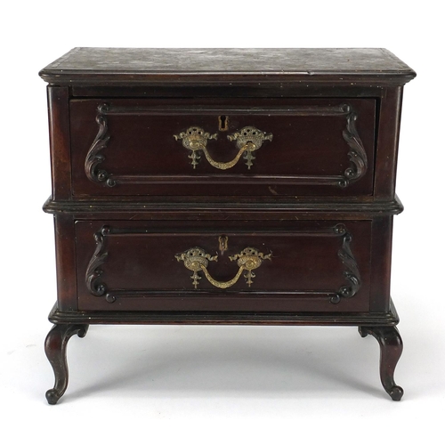 118 - Mahogany two drawer table top chest, 36cm H x 38cm W  x 21cm D