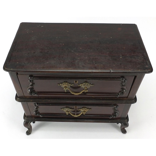 118 - Mahogany two drawer table top chest, 36cm H x 38cm W  x 21cm D