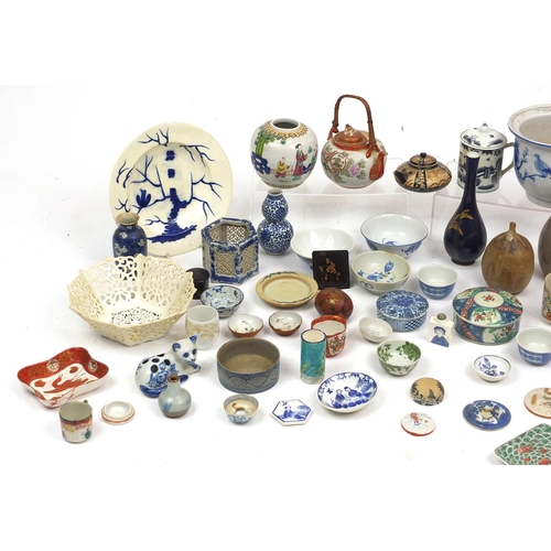 270 - Mostly Chinese and Japanese ceramics including meat plate, plates, vases, ginger jars, teapot and te... 