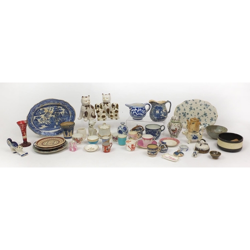 272 - Mostly Victorian and later china including Staffordshire style cats and dogs, cabinet cups and sauce... 