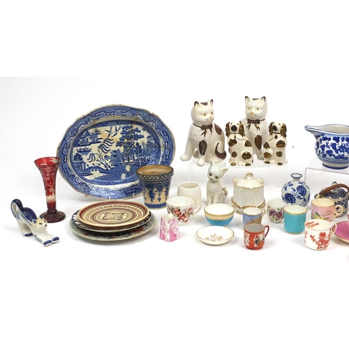 272 - Mostly Victorian and later china including Staffordshire style cats and dogs, cabinet cups and sauce... 