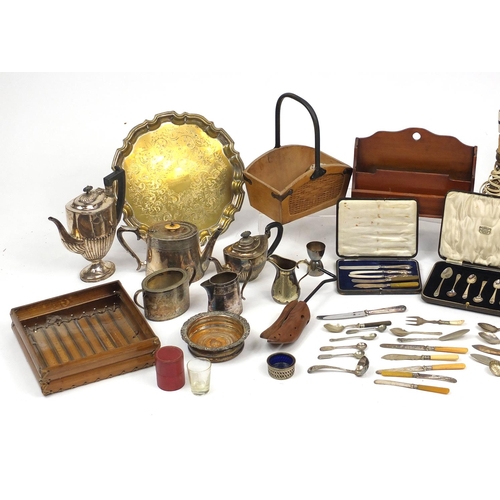 261 - Silver plated and wooden items including teapots, circular tray, gilt wood table lamps and folding b... 