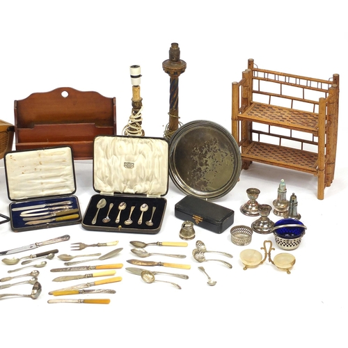 261 - Silver plated and wooden items including teapots, circular tray, gilt wood table lamps and folding b... 