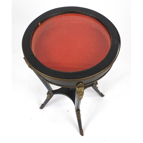 5 - French design ebonised bijouterie table with brass mounts, 78cm high x 46cm in diameter