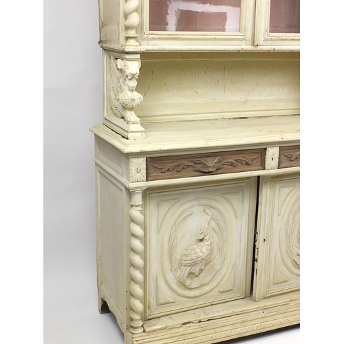 98 - Painted dresser fitted with a pair of glazed doors above cupboard drawers and doors, 250cm H x 137cm... 