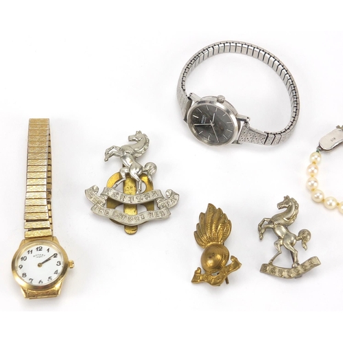 359 - Bag of objects including three Military interest brooches, simulated pearl necklace and two ladies w... 