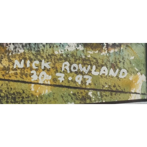 254 - Nic Rowland - Mixed media paintings, one of Hastings beach, the other of a busy street scene, each m... 