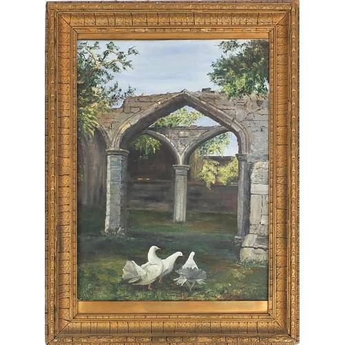 37 - Oil on canvas, doves before a brick archway, bearing a signature Deana, framed, 60cm x 45cm