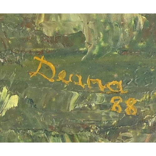 37 - Oil on canvas, doves before a brick archway, bearing a signature Deana, framed, 60cm x 45cm