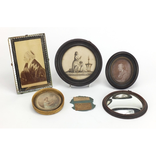 544 - Three portrait miniatures, one with a mirrored cur glass framed, and a miniature convex mirror, the ... 