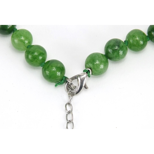 371 - Chinese green jade bead necklace, 40cm in length