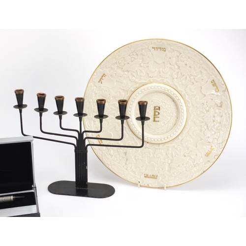 583 - Jewish items including a bronzed metal charger, boxed pen and a candelabra