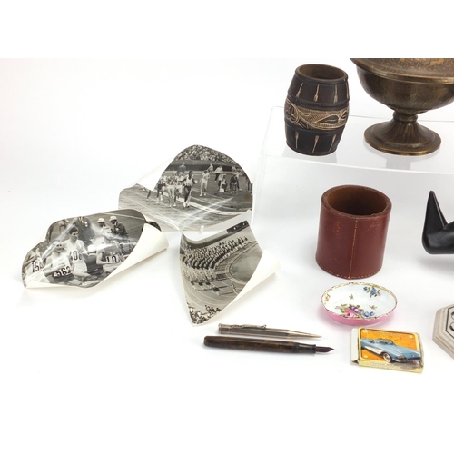 682 - Box of objects including African and Eastern items,  silver propelling pencil, pietra dura paperweig... 