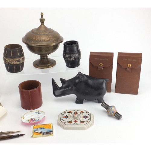 682 - Box of objects including African and Eastern items,  silver propelling pencil, pietra dura paperweig... 