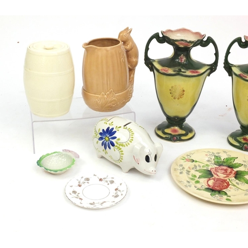 576 - Box of china including a pair of Victorian style vases, a Sylvac jug with squirrel handle and a Sylv... 