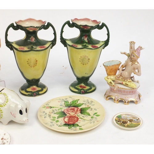 576 - Box of china including a pair of Victorian style vases, a Sylvac jug with squirrel handle and a Sylv... 