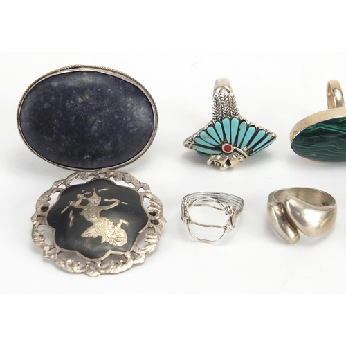 372 - Silver and white metal jewellery, some set with hard stones including malachite and coral, and a Sia... 