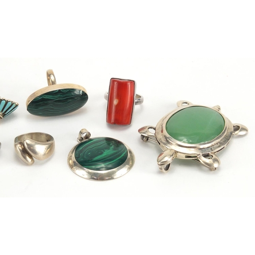 372 - Silver and white metal jewellery, some set with hard stones including malachite and coral, and a Sia... 