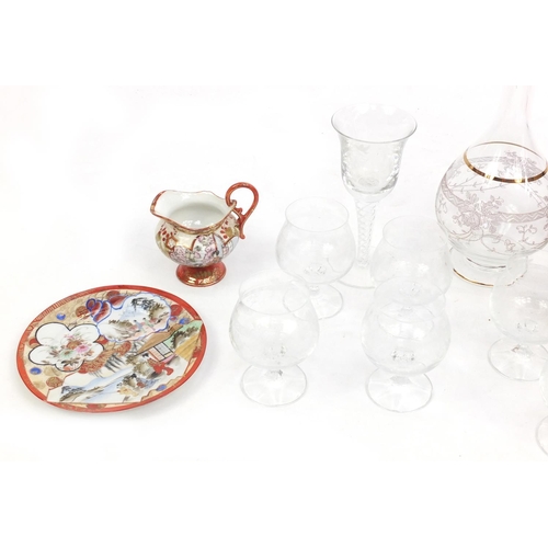 574 - China and glassware including a decanter with six brandy glasses, Kutani tea service and a Charles a... 