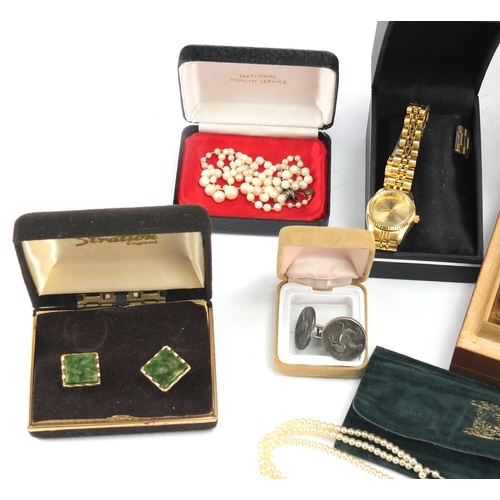 412 - Costume jewellery including ladies wristwatches, pearl and simulated pearl necklaces and earrings