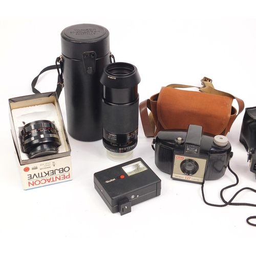 230 - Vintage cameras and accessories including Praktica and Tamron