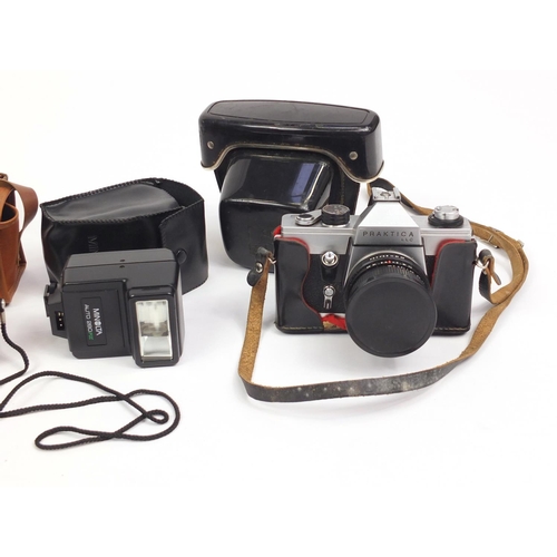 230 - Vintage cameras and accessories including Praktica and Tamron