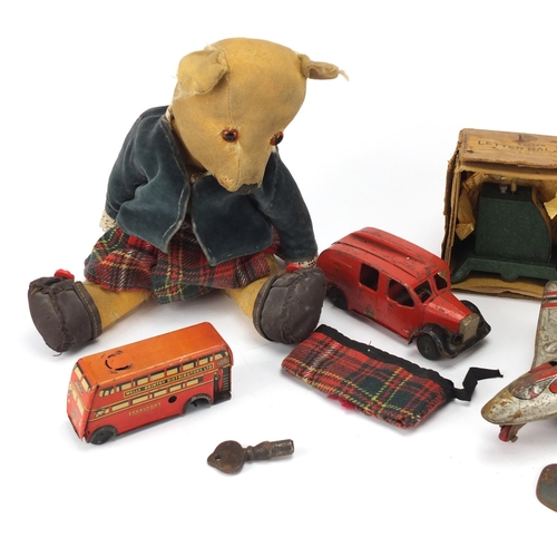 449 - Vintage toys including Minic Tri-ang fire engine, a golden teddy bear with glass eyes and set of Sal... 