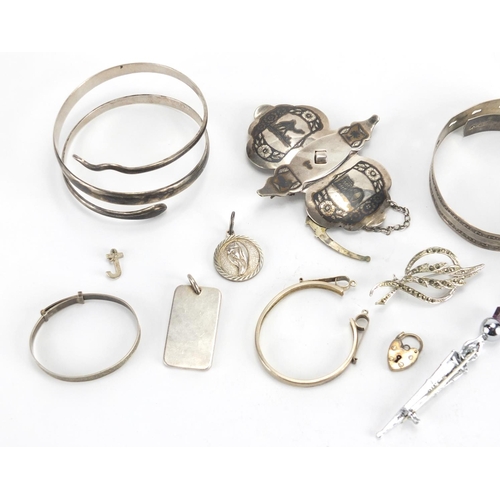 348 - Silver and white metal jewellery including a Siam buckle, bracelets, Marcasite grapevine necklace an... 