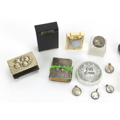 560 - Bag of objects including a silver mounted miniature book, book shaped vesta, Russian lacquered box a... 