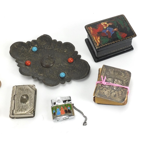 560 - Bag of objects including a silver mounted miniature book, book shaped vesta, Russian lacquered box a... 