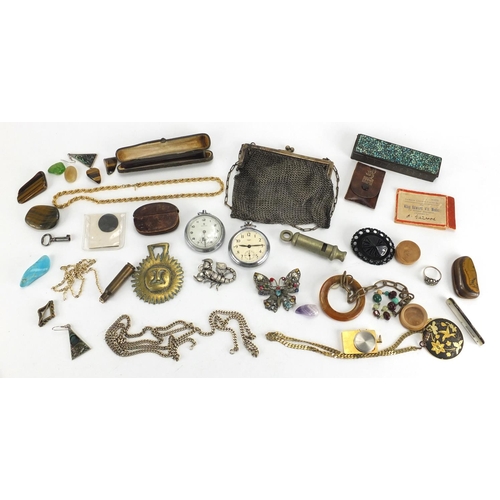 550 - Box of objects including pocket watches, Mother of Pearl pocket knife, tooled leather coin purse and... 