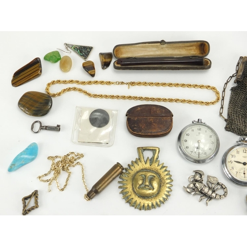 550 - Box of objects including pocket watches, Mother of Pearl pocket knife, tooled leather coin purse and... 