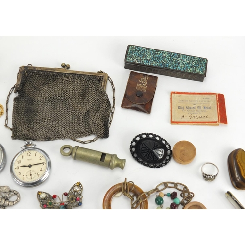 550 - Box of objects including pocket watches, Mother of Pearl pocket knife, tooled leather coin purse and... 