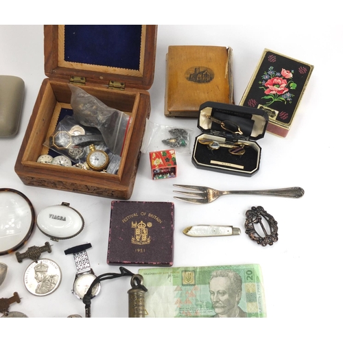 564 - Box of objects including a vintage camera, silver plated items, olivewood book and coins