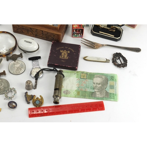 564 - Box of objects including a vintage camera, silver plated items, olivewood book and coins