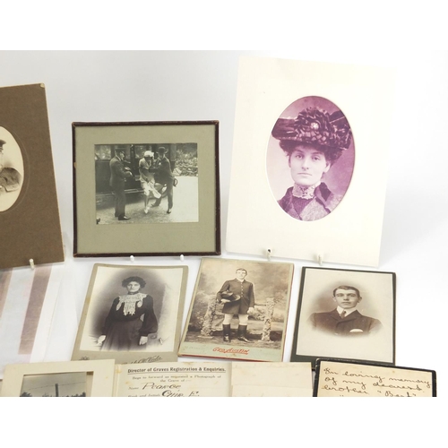 738 - Group of ephemera including Victorian black and white cabinet cards and Military interest photograph... 