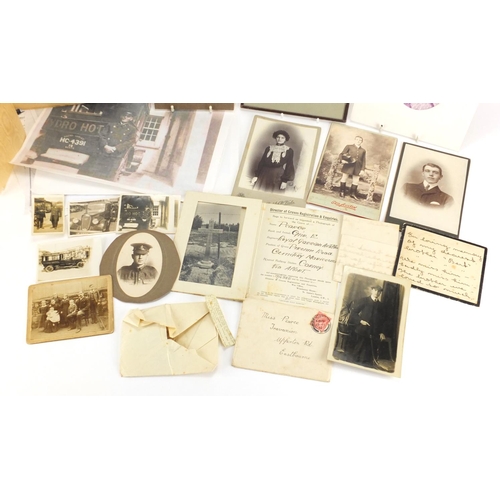 738 - Group of ephemera including Victorian black and white cabinet cards and Military interest photograph... 