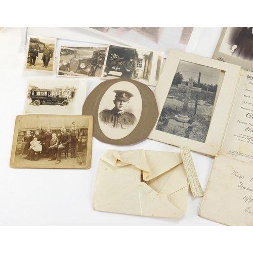 738 - Group of ephemera including Victorian black and white cabinet cards and Military interest photograph... 