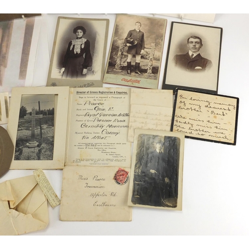 738 - Group of ephemera including Victorian black and white cabinet cards and Military interest photograph... 