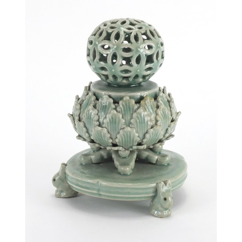 429 - Korean celadon glazed incense burner of naturalistic form, 18cm high