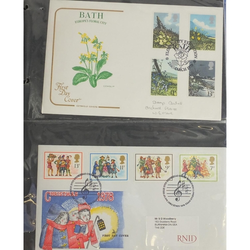 721 - First Day covers, some with Special post marks arranged in an album, some Benhams