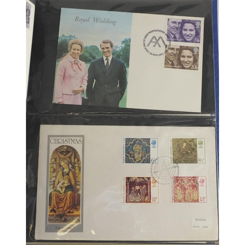 721 - First Day covers, some with Special post marks arranged in an album, some Benhams