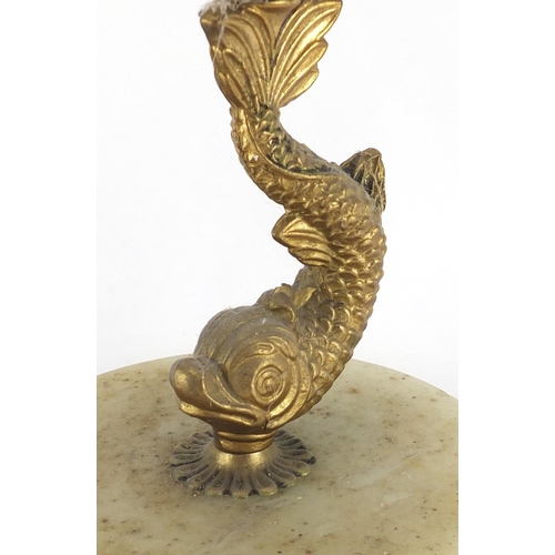 304 - Onyx and brass smokers stand with dolphin support, 66cm high