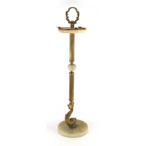 304 - Onyx and brass smokers stand with dolphin support, 66cm high