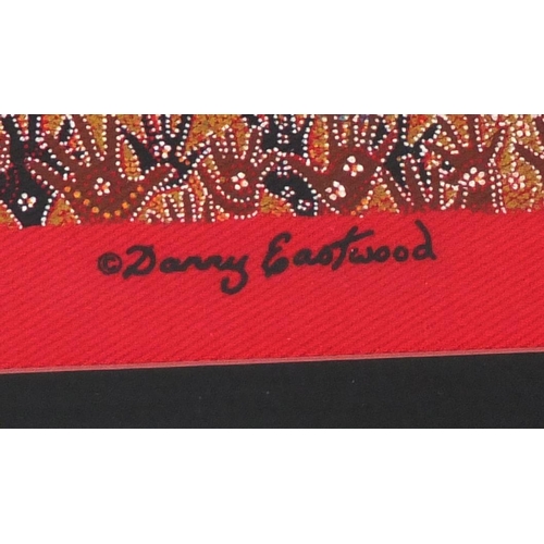 307 - Aboriginal art on cloth titled Rainbow Serpent, by Danny Eastwood, mounted and framed, 64cm x 16cm